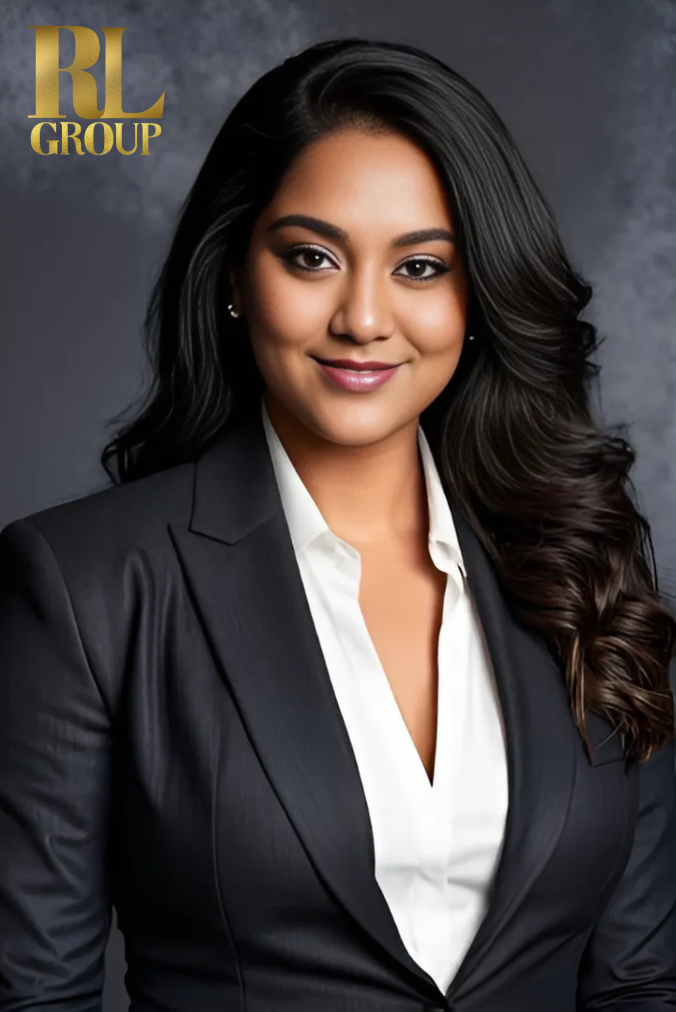 Portrait of a professional woman with long dark hair, wearing a black blazer and white shirt, smiling against a gray background, with the RL Group logo in the top left corner.