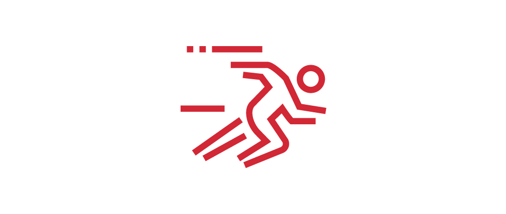 Icon of a person in red skiing downhill on snow, with motion lines indicating speed, on a black background