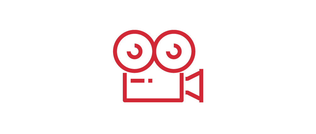 Stylized red graphic of a movie camera with two large reels on top.