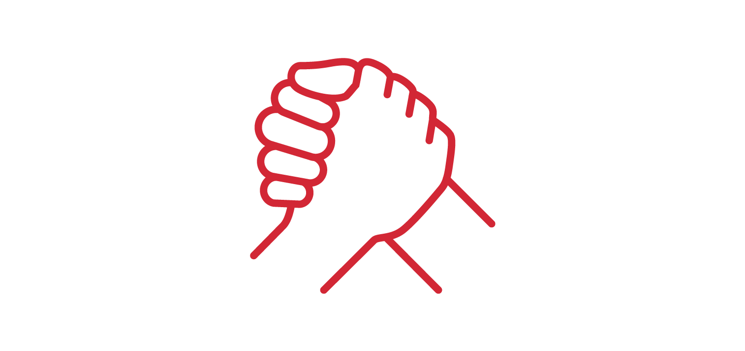 Outline of a hand pointing to the right with fingers curled, colored in red, symbolizing unity and strength.