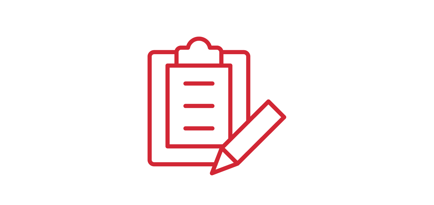 Outline of a clipboard with horizontal lines and a pencil crossing in front of it.