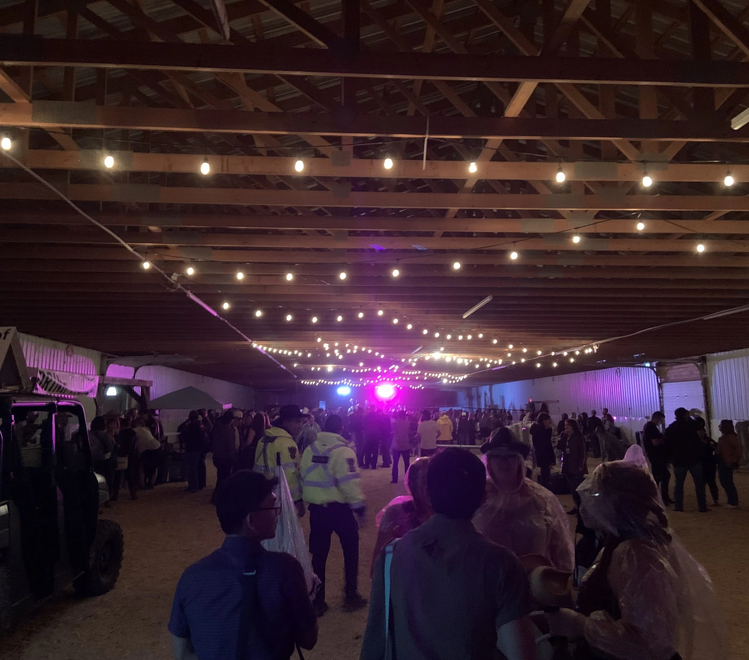 Indoor crowd at a concert or event with string lights hanging from a wooden ceiling and a purple-lit stage in the background.