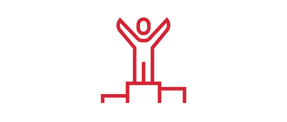 Line drawing of a person standing on a podium with arms raised, symbolizing victory or success.