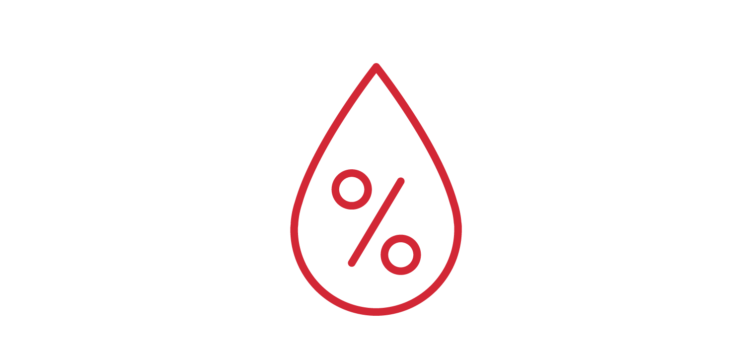 Red blood drop icon with a percentage symbol inside and an arrow pointing downward, indicating blood donation or blood test.