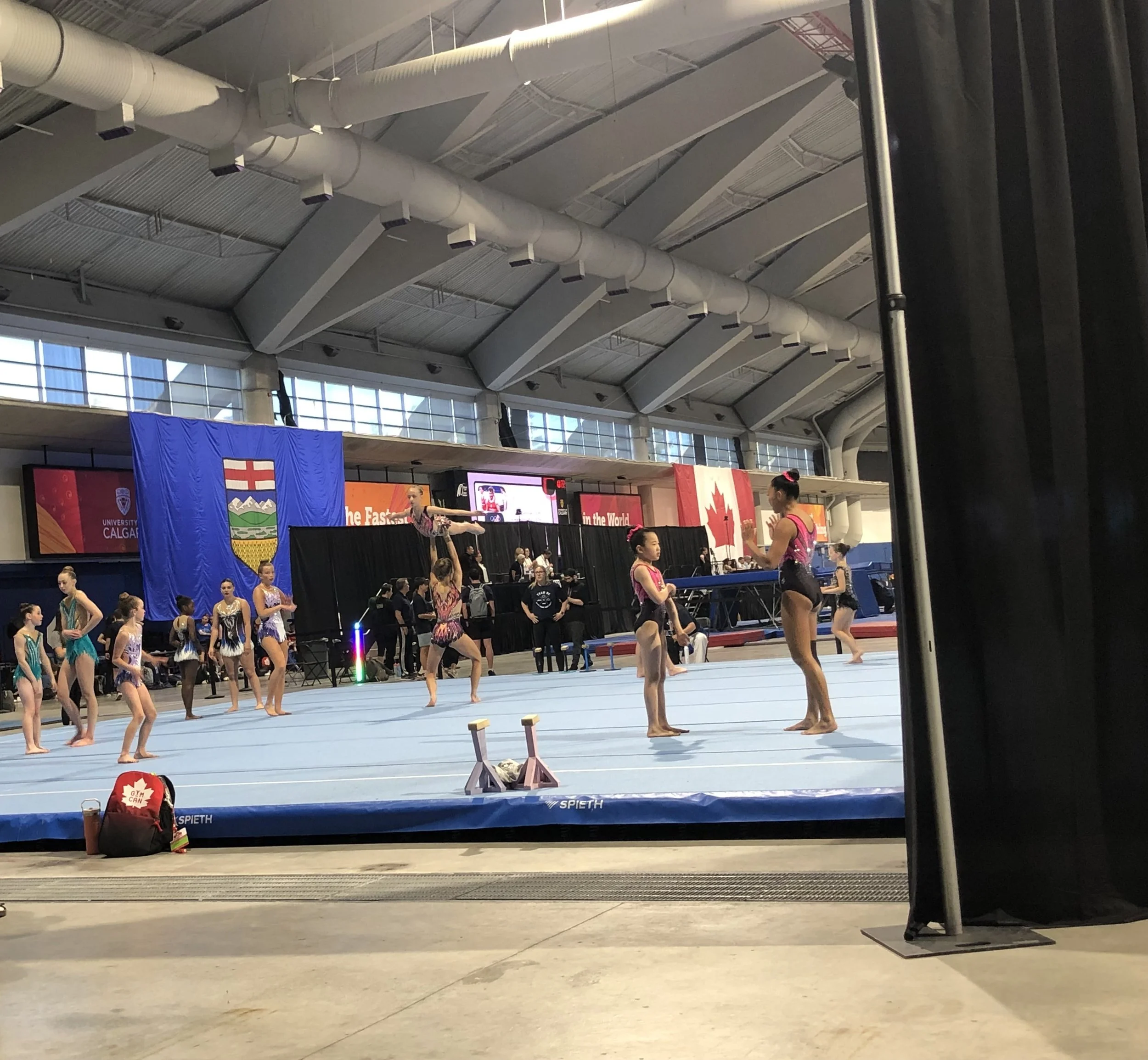 Indoor gymnastics competition with young gymnasts warming up on the mat, banners with flags and team names in the background, and some spectators visible.