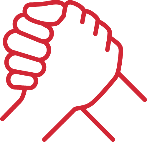 Line drawing of a raised clenched fist in red.