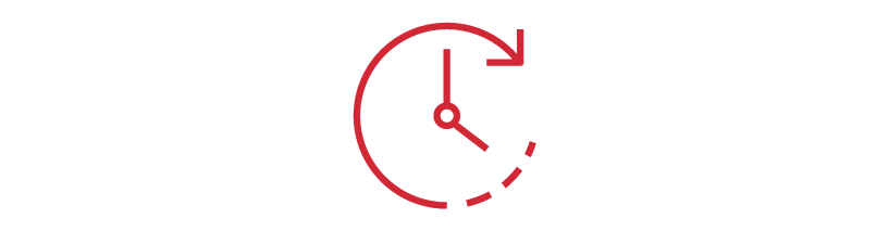 Red clock icon with a clockwise arrow and dashed line indicating motion, accompanied by the text 'Time Management'
