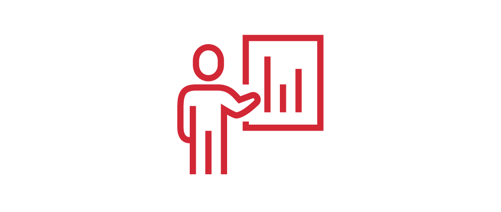 Line drawing of a person pointing to a bar chart on a presentation board.