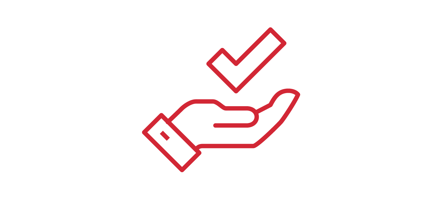 A minimalist icon of a hand with a checkmark above it, in red outline, representing approval or validation.