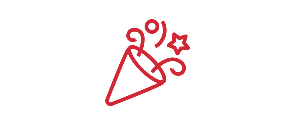 Line drawing of a party popper emitting confetti and stars.