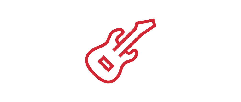 Icon of an electric guitar in red outline.