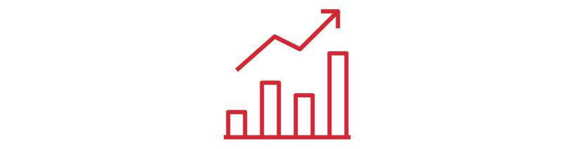 Red upward trending bar chart with an arrow pointing upward.