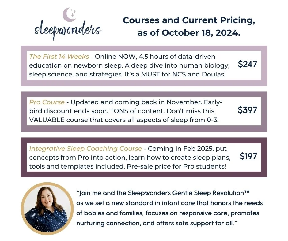 Sleepwonders Courses, at a glance! Join the Gentle Sleep Revolution&trade; with any of our signature courses.
The First 14 Weeks - online, at your own pace, available right now. This is a MUST for postpartum professionals and complements your NCS or 