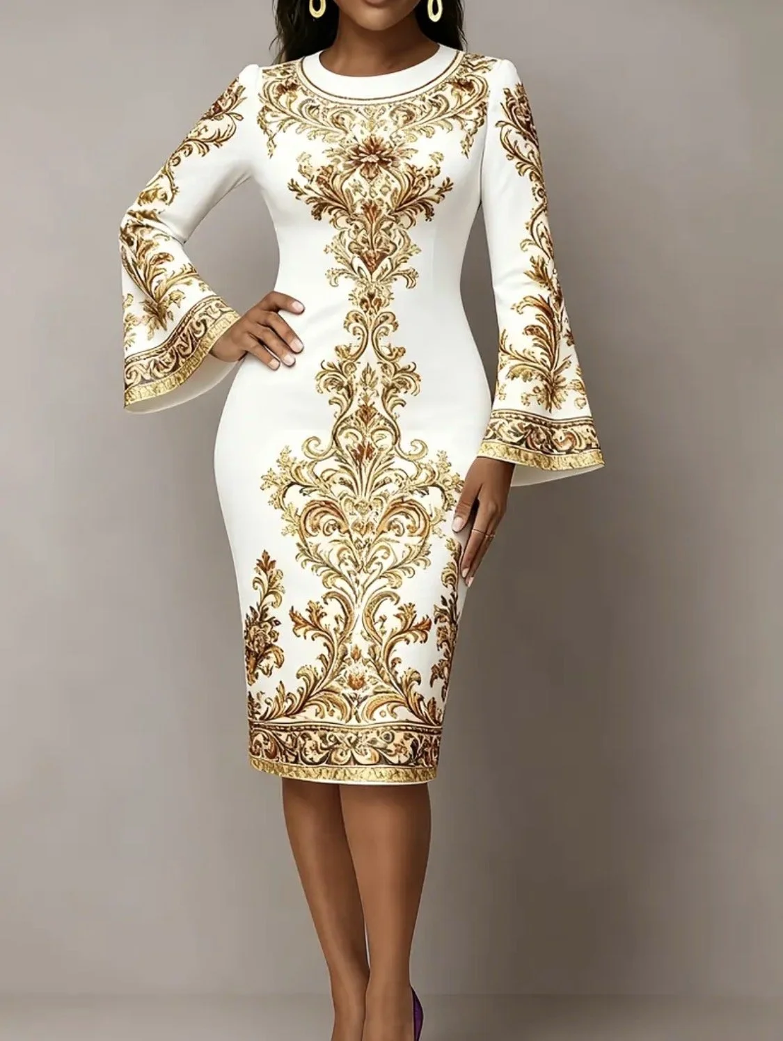 Women's Elegant Plus-Size Champagne Golden Dress - Slim-Fit Long Pencil with Flared Bell Sleeves