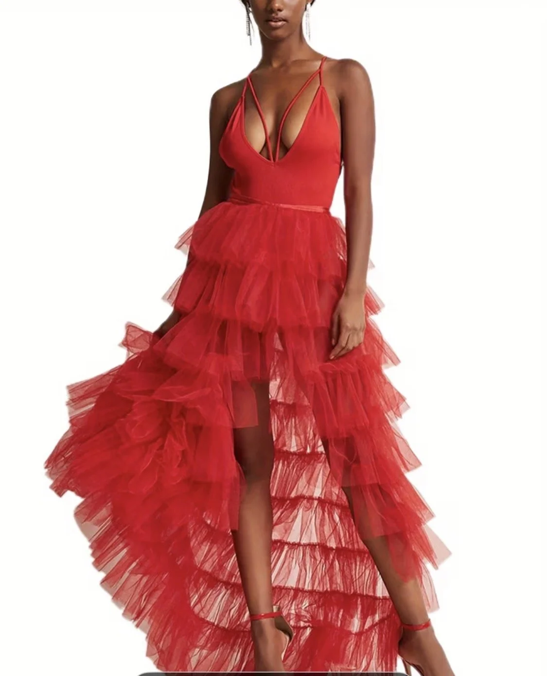 Women's Elegant Red Tulle Ruffled Skirt