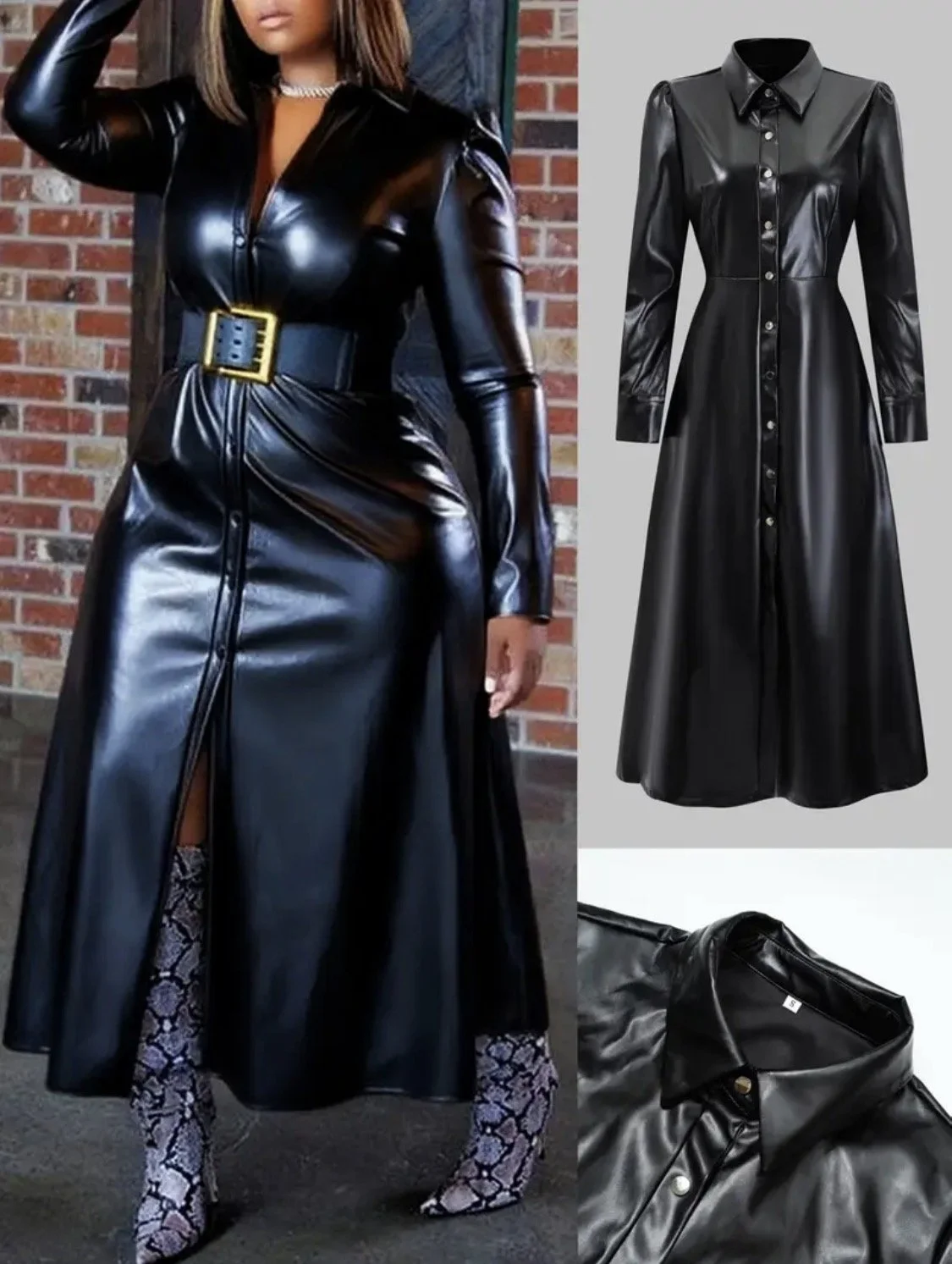 Women's Faux Leather Long Trench Coat Dress