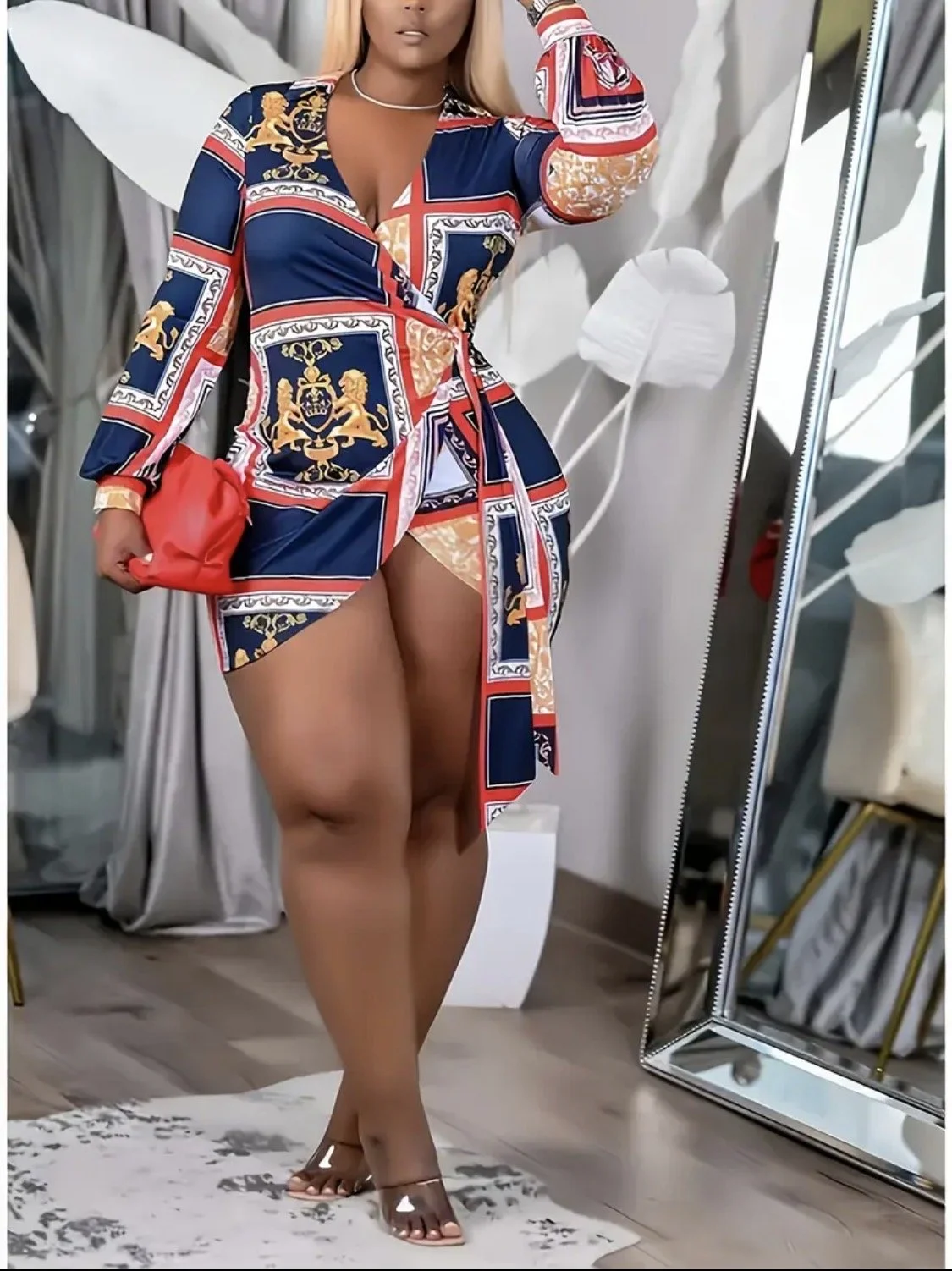 Women's Sexy V-Neck Lace-Up Checkered Party Dress