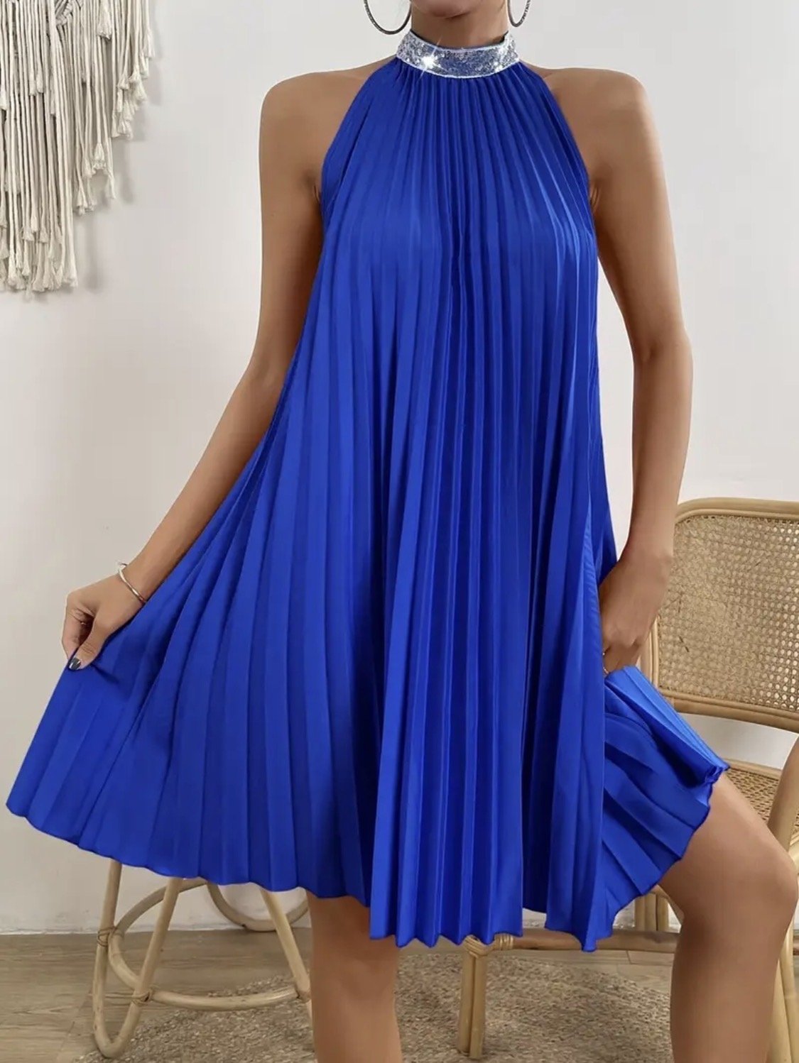 Royal Blue Sequin Collar Pleated Party Dress