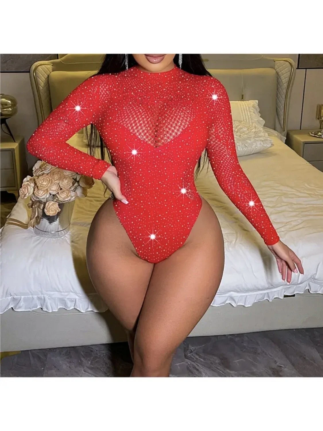 Burgundy Rhinestone Diamond Bodysuit