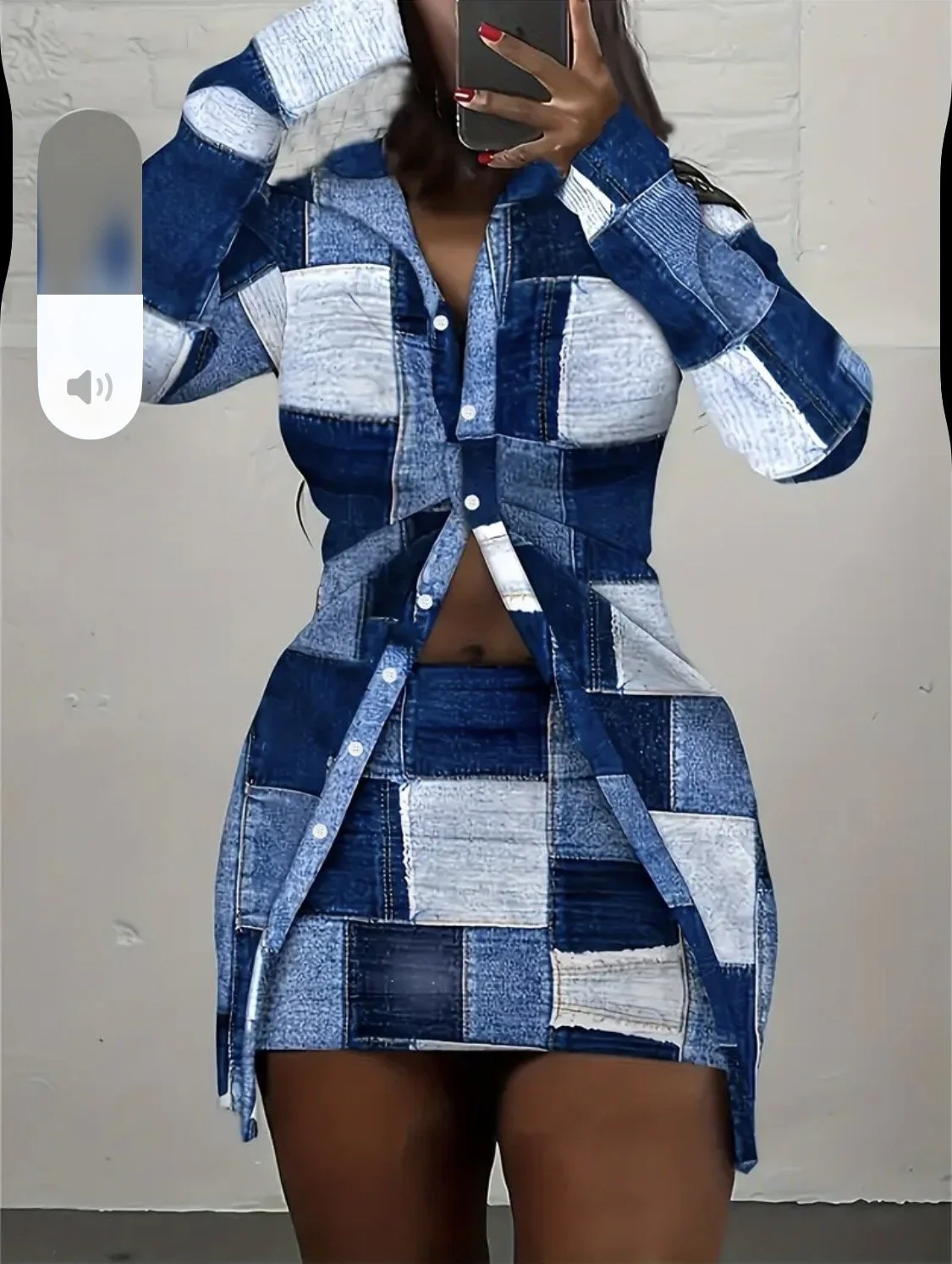 Plaid Patchwork Button- Long Sleeve Shirt And Tight Slimming Skirt Set