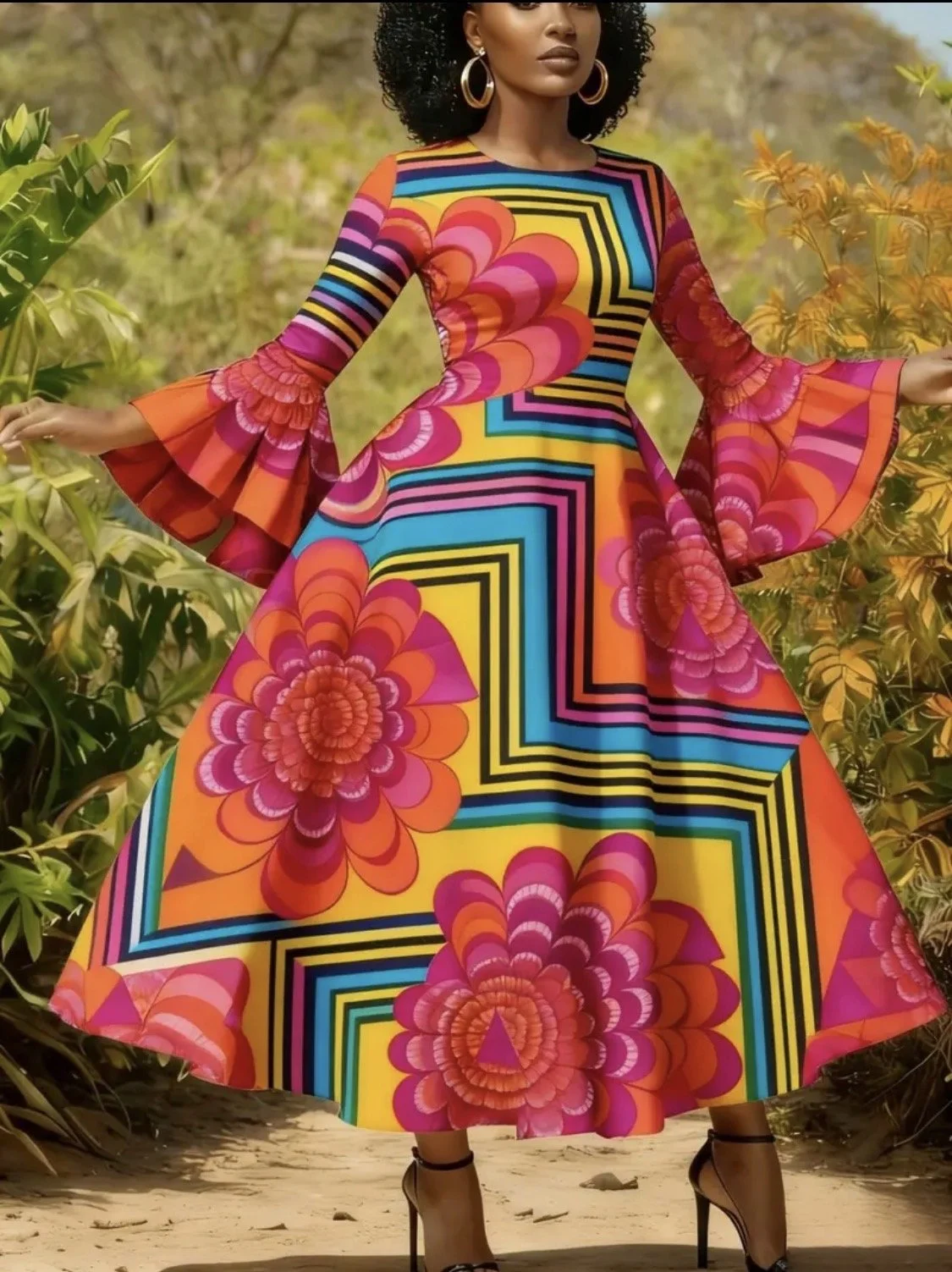 Vibrant Curve-Hugging Bell Sleeve Dress