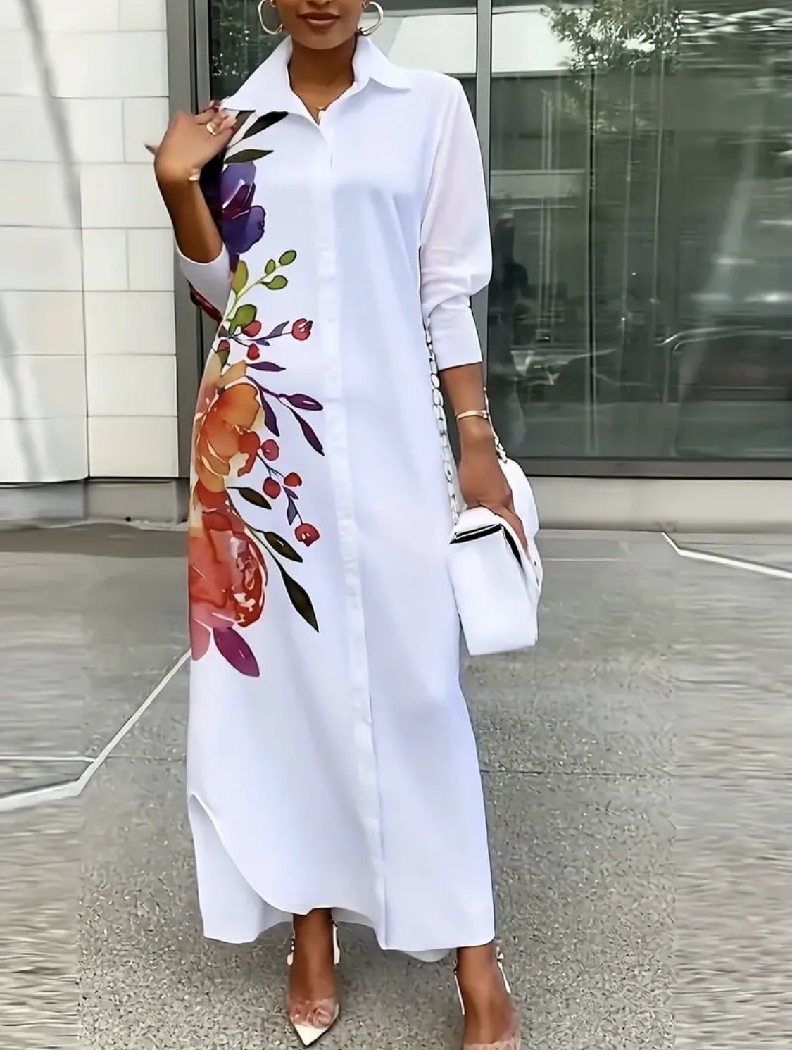 Elegant Floral Print Shirt Dress