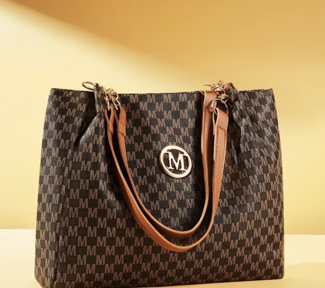 Vintage 'M' Print Large Capacity Tote and Crossbody Bag