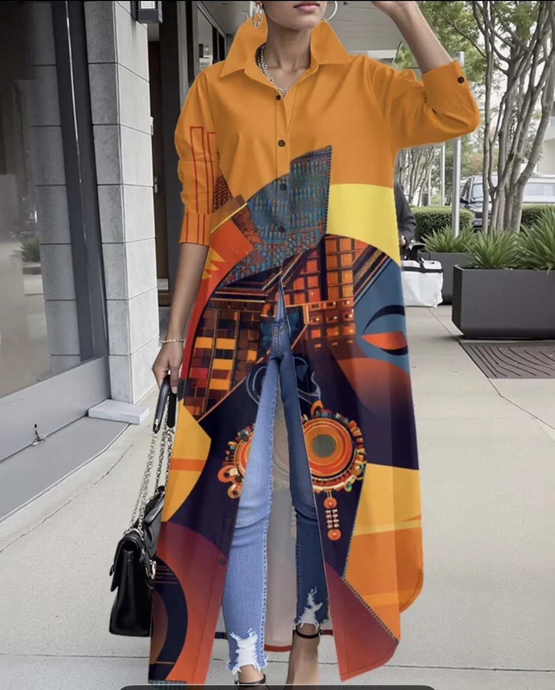 Vibrant Print Shirt Dress and Long Jacket Comb