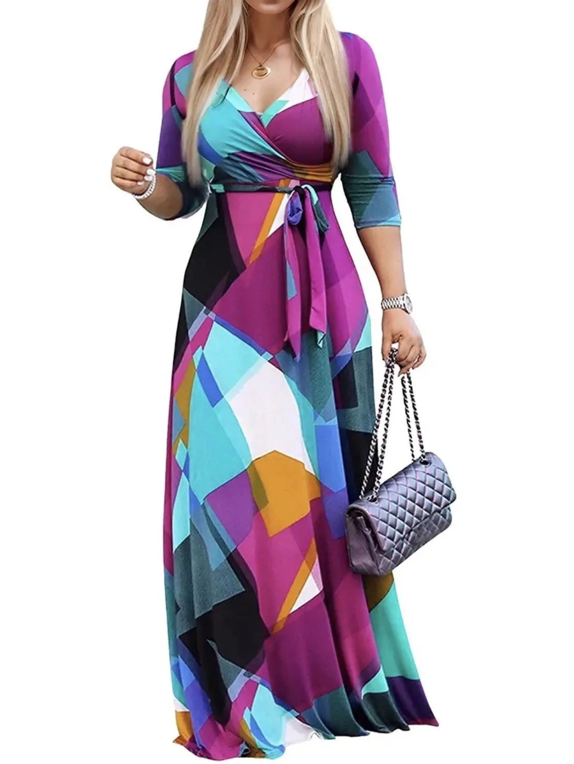 Women's V-Neck Three-Quarter Sleeve Tie Pocket Print Dress
