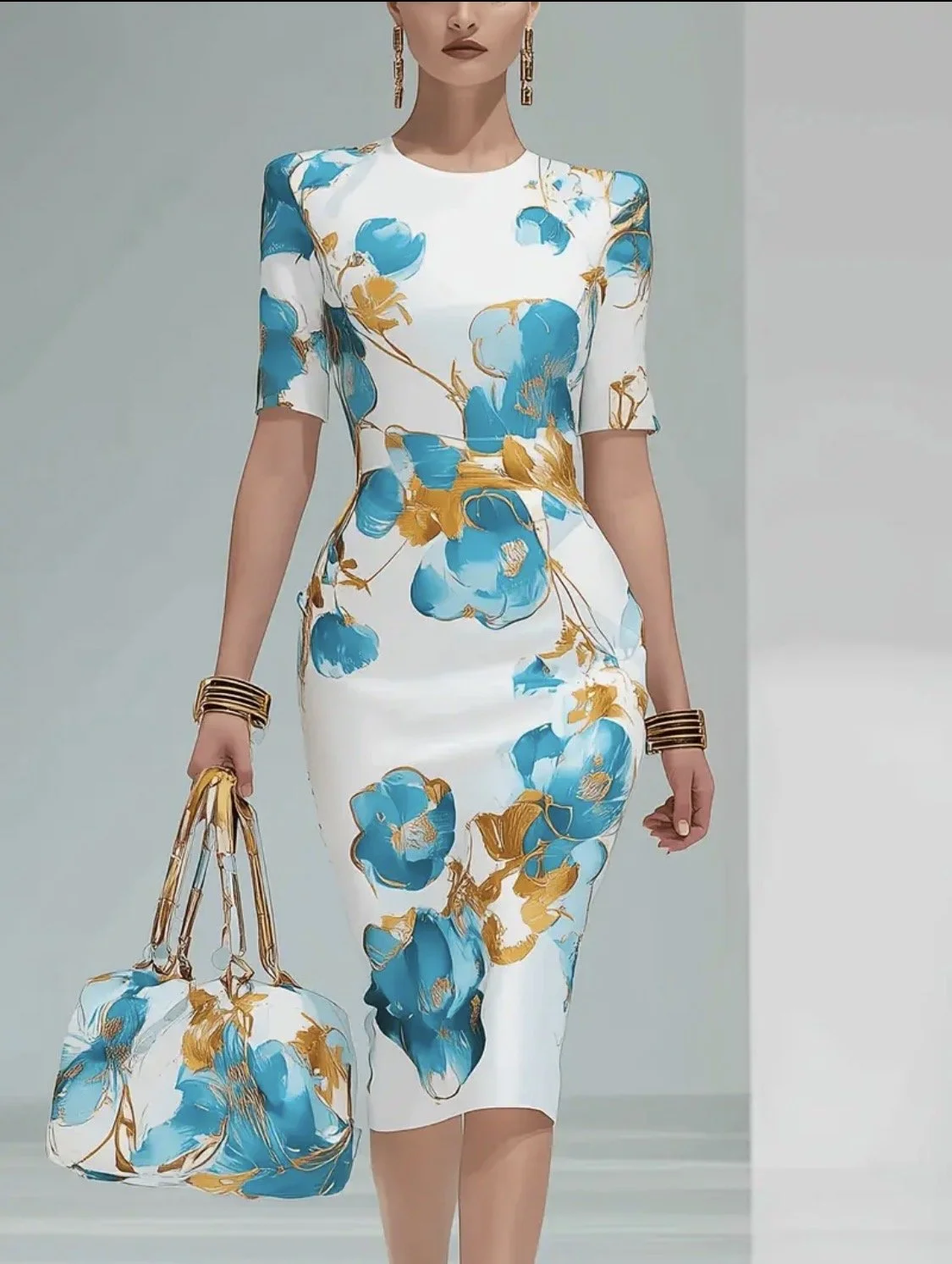 Teal & Golden Floral Elegance Midi Dress