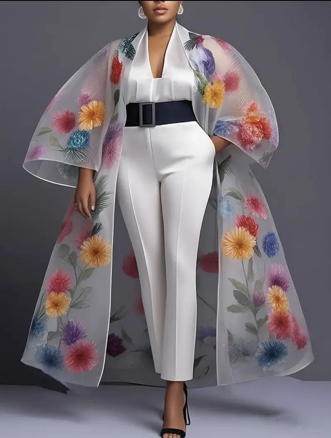 Elegant Floral Organza Print Long Sleeve Cardigan