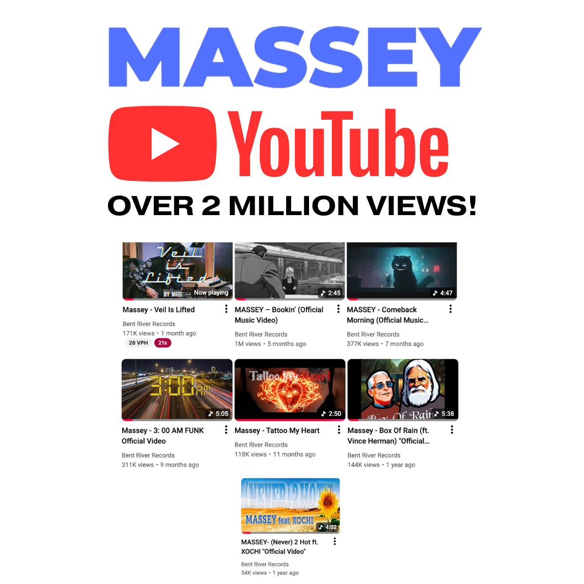 YouTube thumbnail promoting a song by Massey that has over 2 million views, featuring several smaller video thumbnails of Massey's songs and music videos.