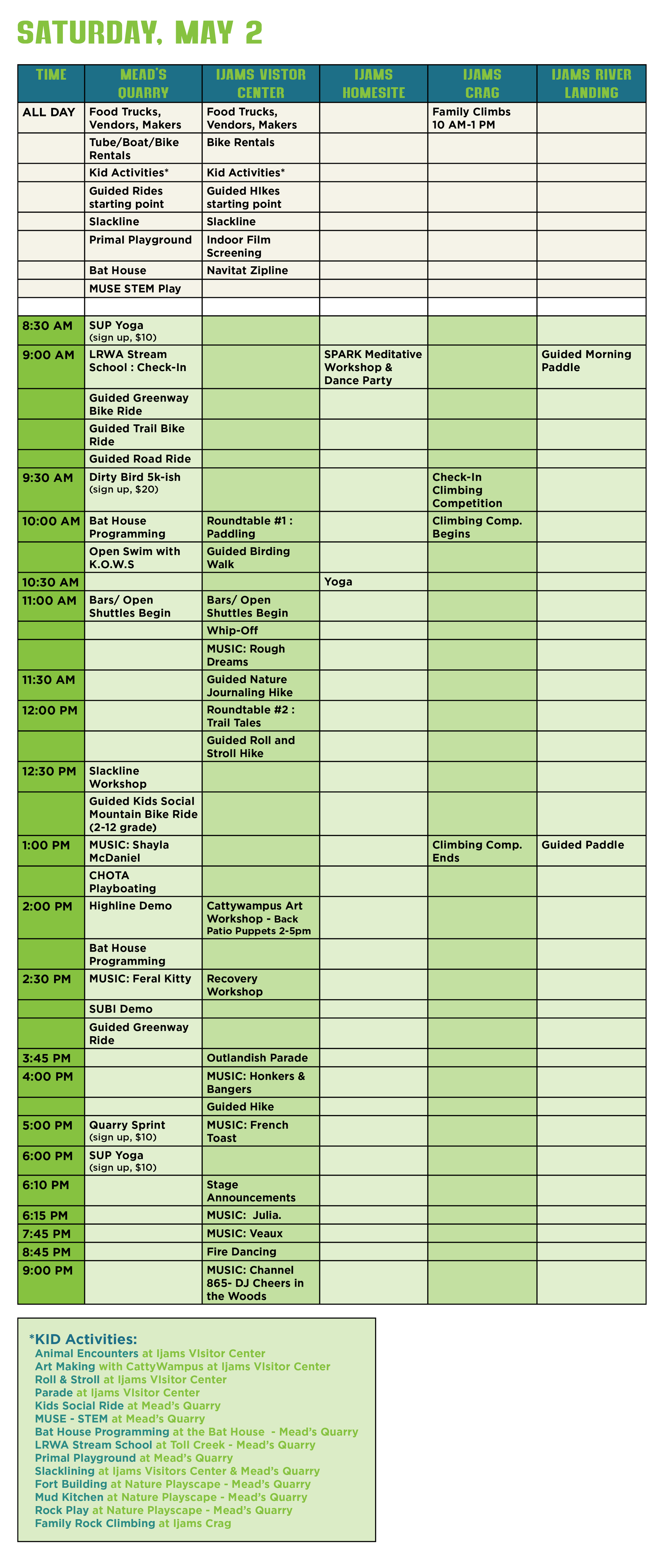 Schedule for Saturday, May 2, detailing activities at Mead's Quarry, Ijams Visitor Center, Ijams Homsite, Ijams Crag, and Ijams River Landing, including food trucks, kid activities, guided bike rides, yoga, workshops, and live music.