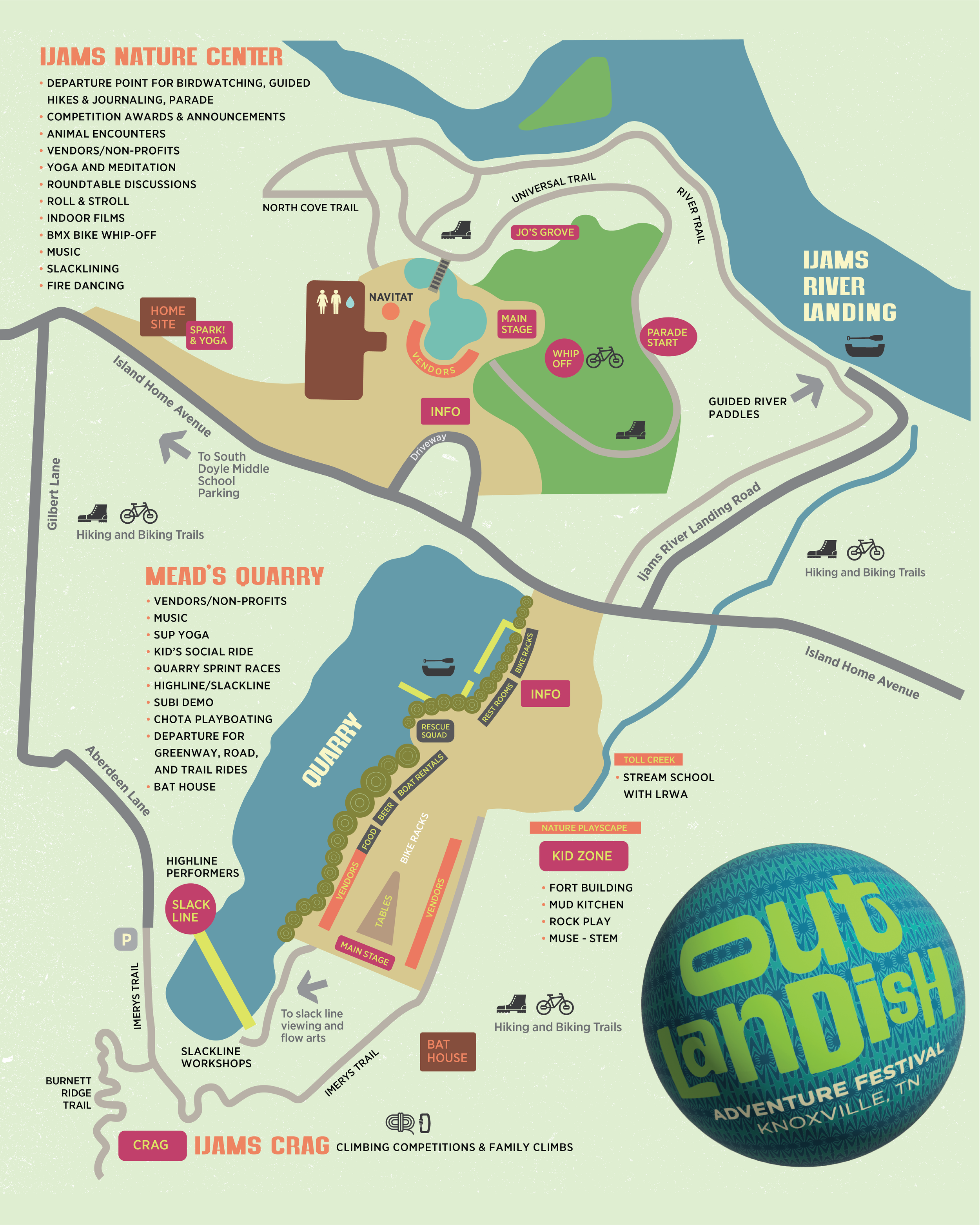 Map of the JAMS Adventure Festival in Knoxville, Tennessee, showing various trails, zones, stages, and activities including birdwatching, yoga, biking, climbing, crafts, and family activities, with labels for different areas and features.