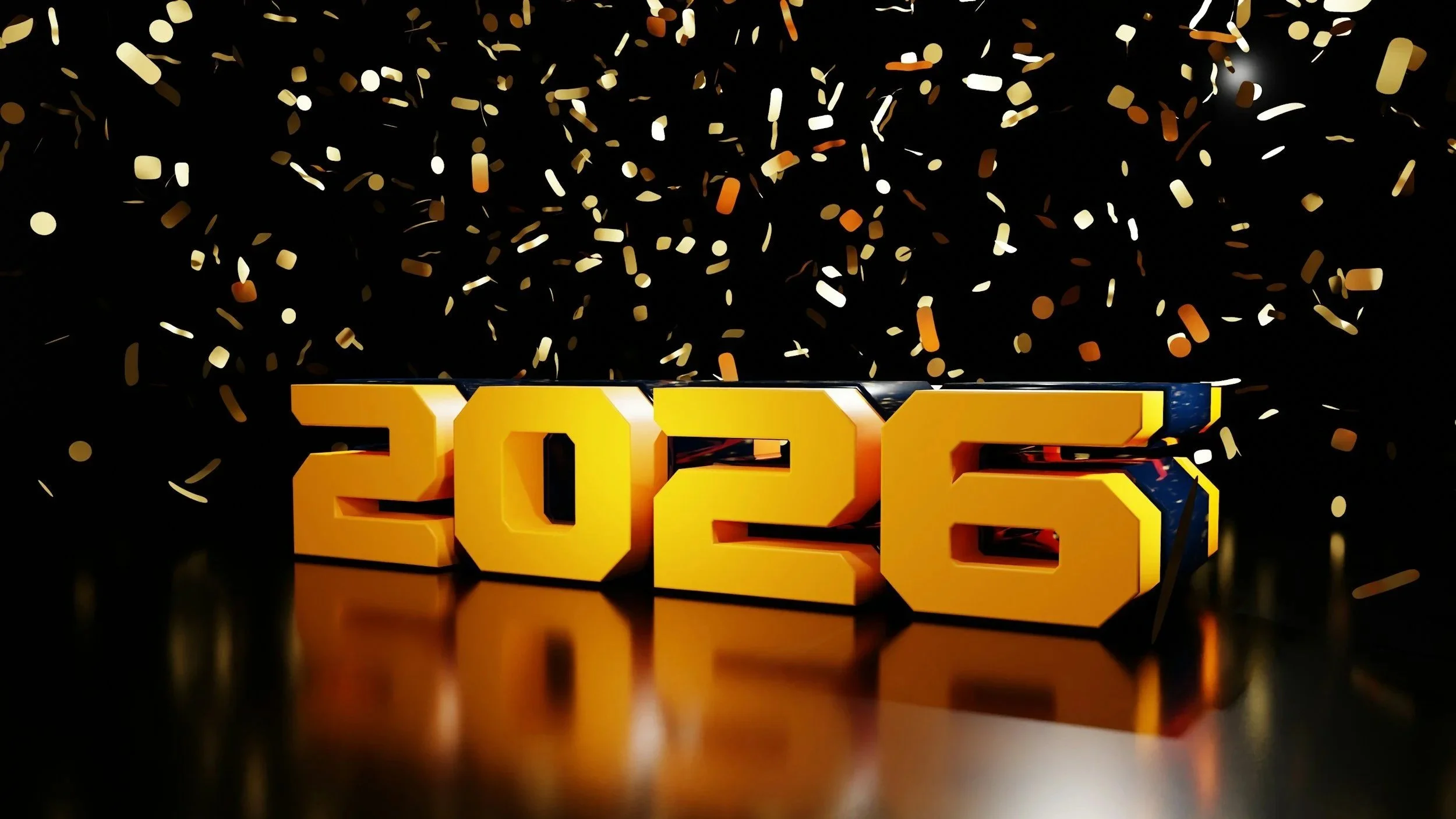 The year 2026 in gold with gold confetti falling.