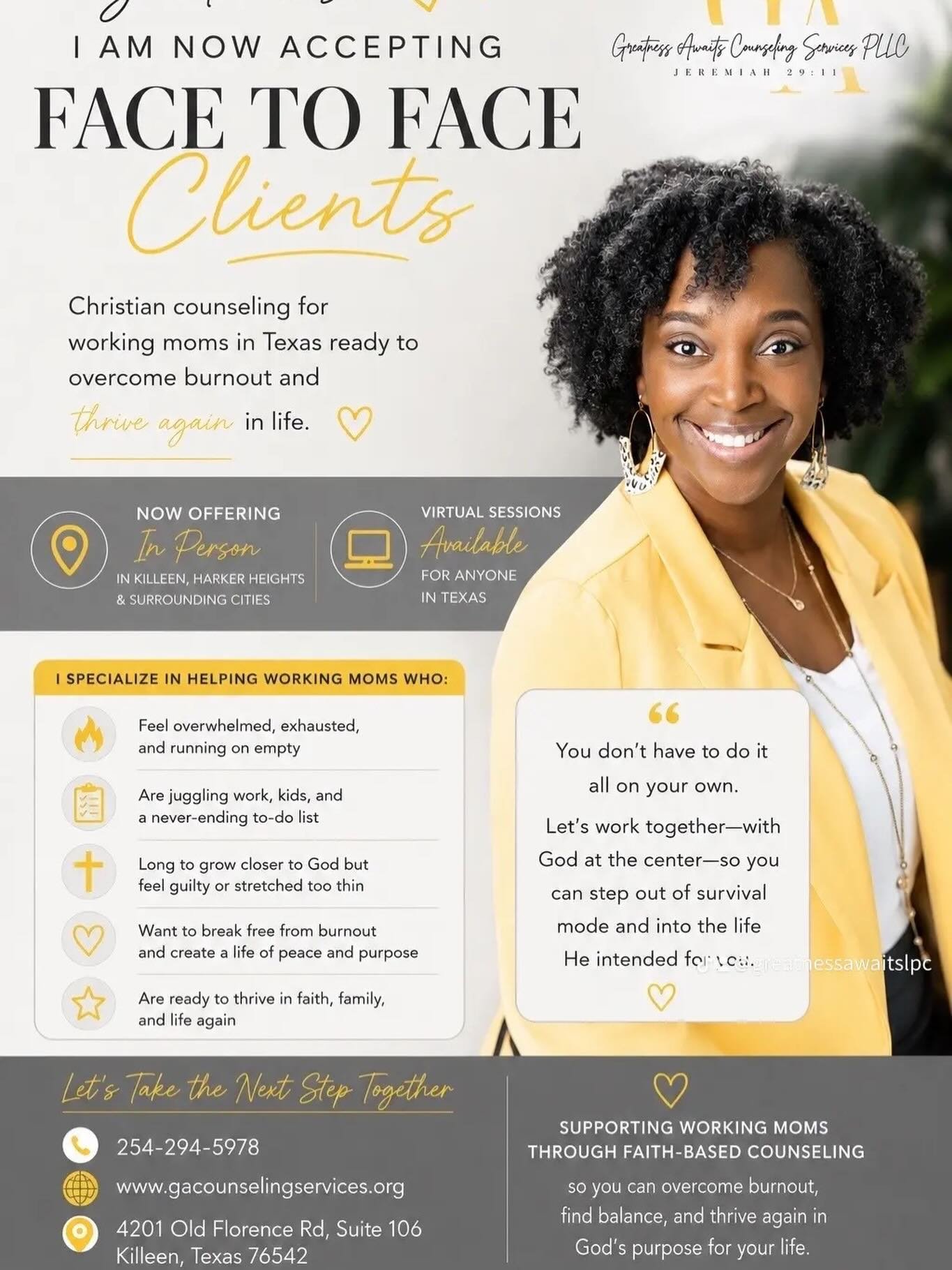 🤗🤗🤗 Excited to see clients in person again. Virtual still available for individuals anywhere in Texas. 👍🏾

Link in bio &amp; my stories 💛
#TexasTherapist #killeentx #harkerheightstx  #MentalHealthForMoms #NoToBurnout