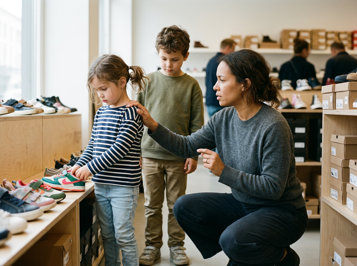 A mother shopping with her two children in a shoe store.
