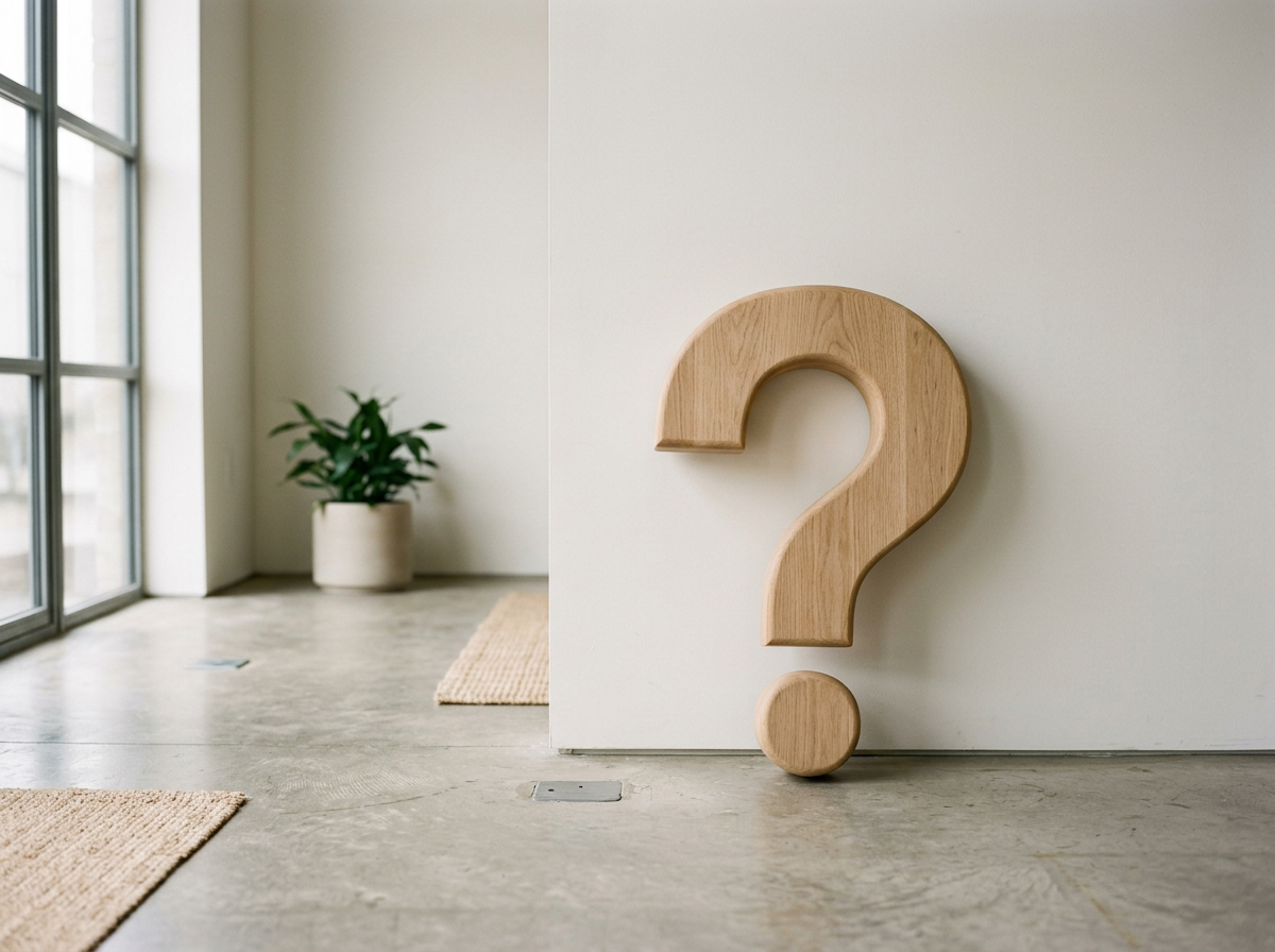 A wooden question mark sitting against a white wall.