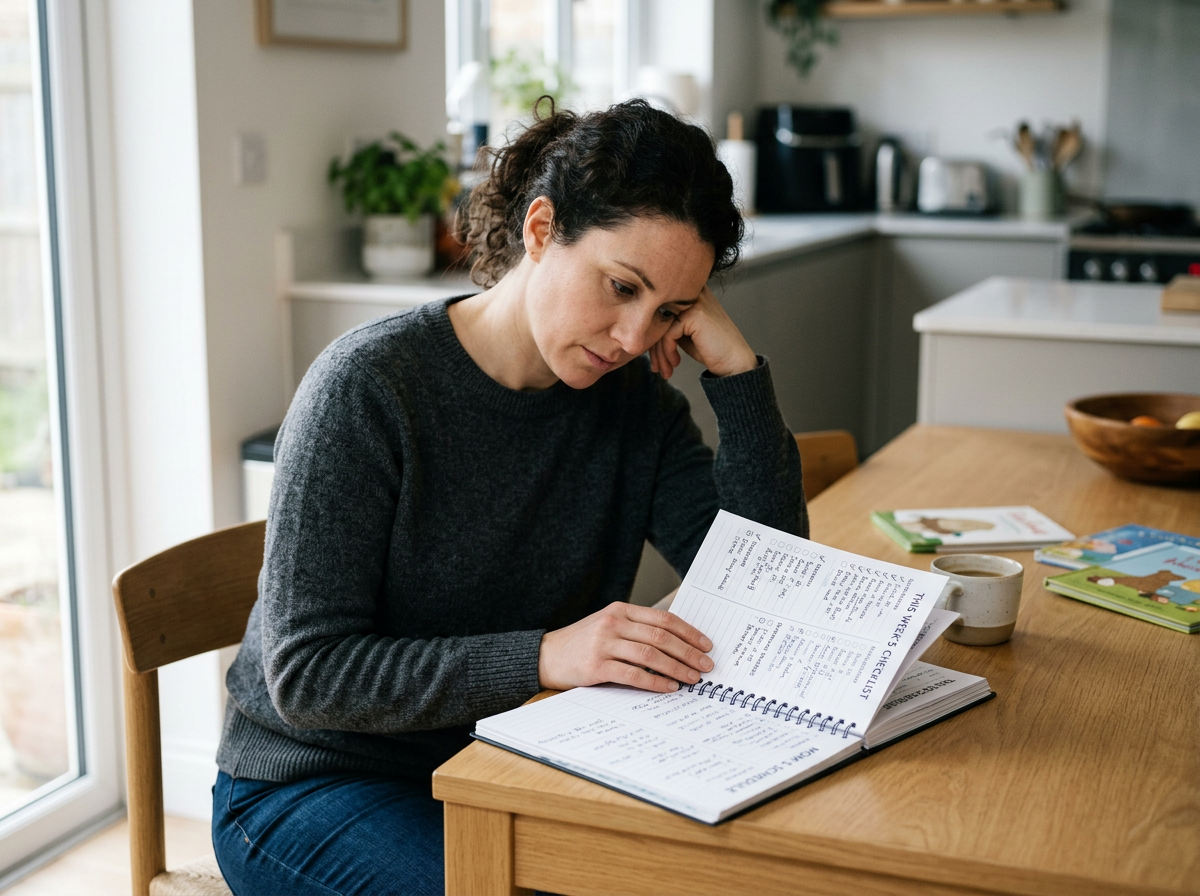 An overwhelmed mom sitting at the table looking at her full planner.