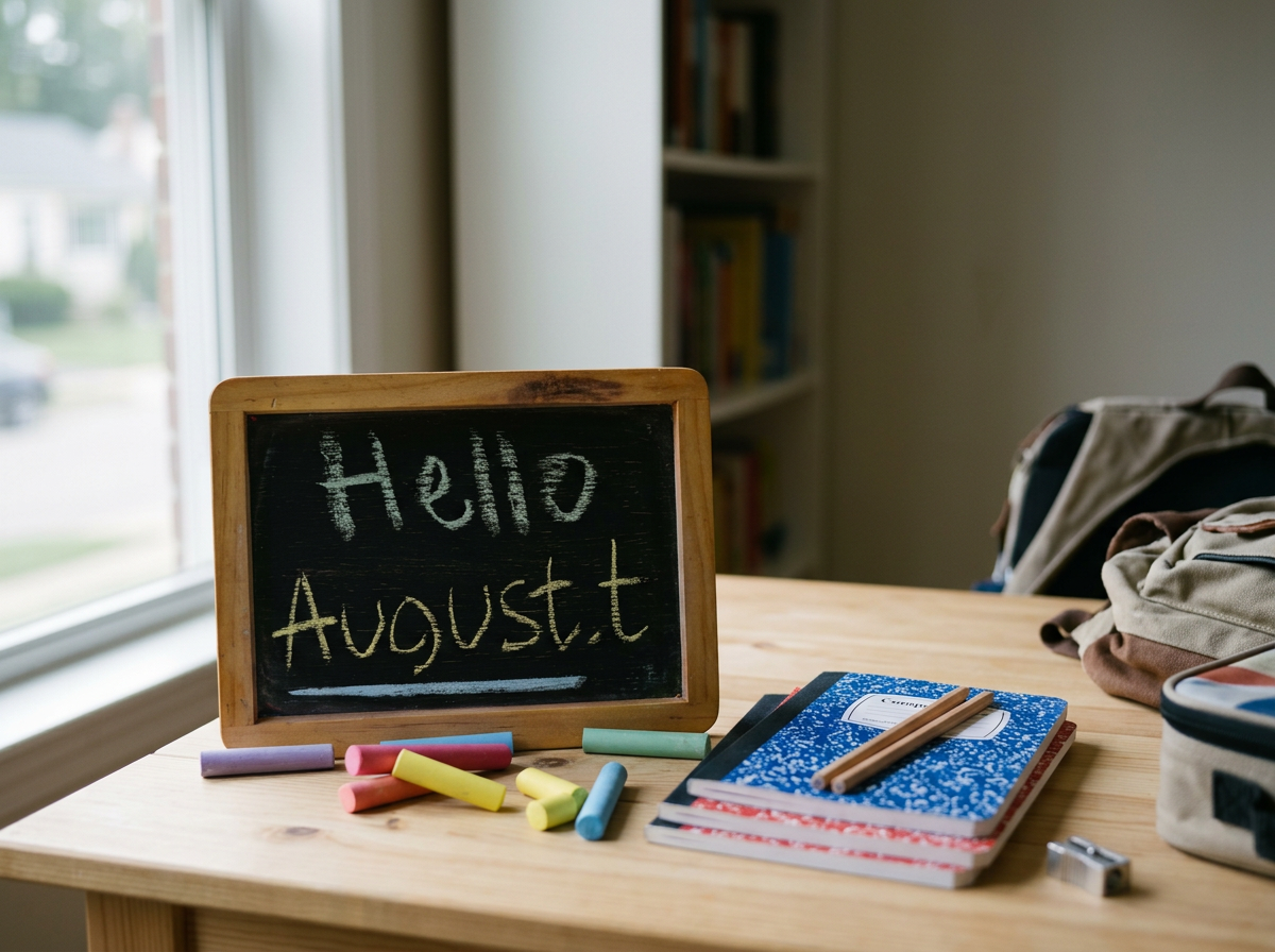 Small chalk board sitting on a table with Hello August written in blue and yellow chalk.