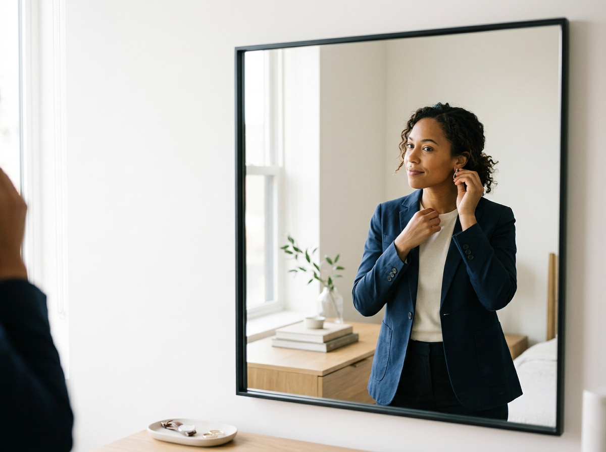 A mom looking in the mirror putting on her earrings and dressed in a blue suit.