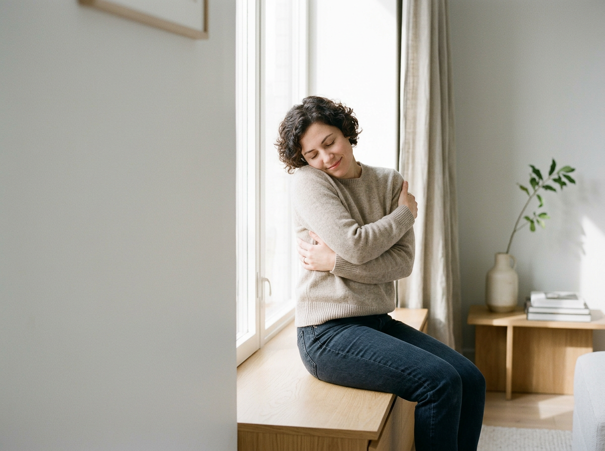 A mother sitting on the window sill hugging herself.