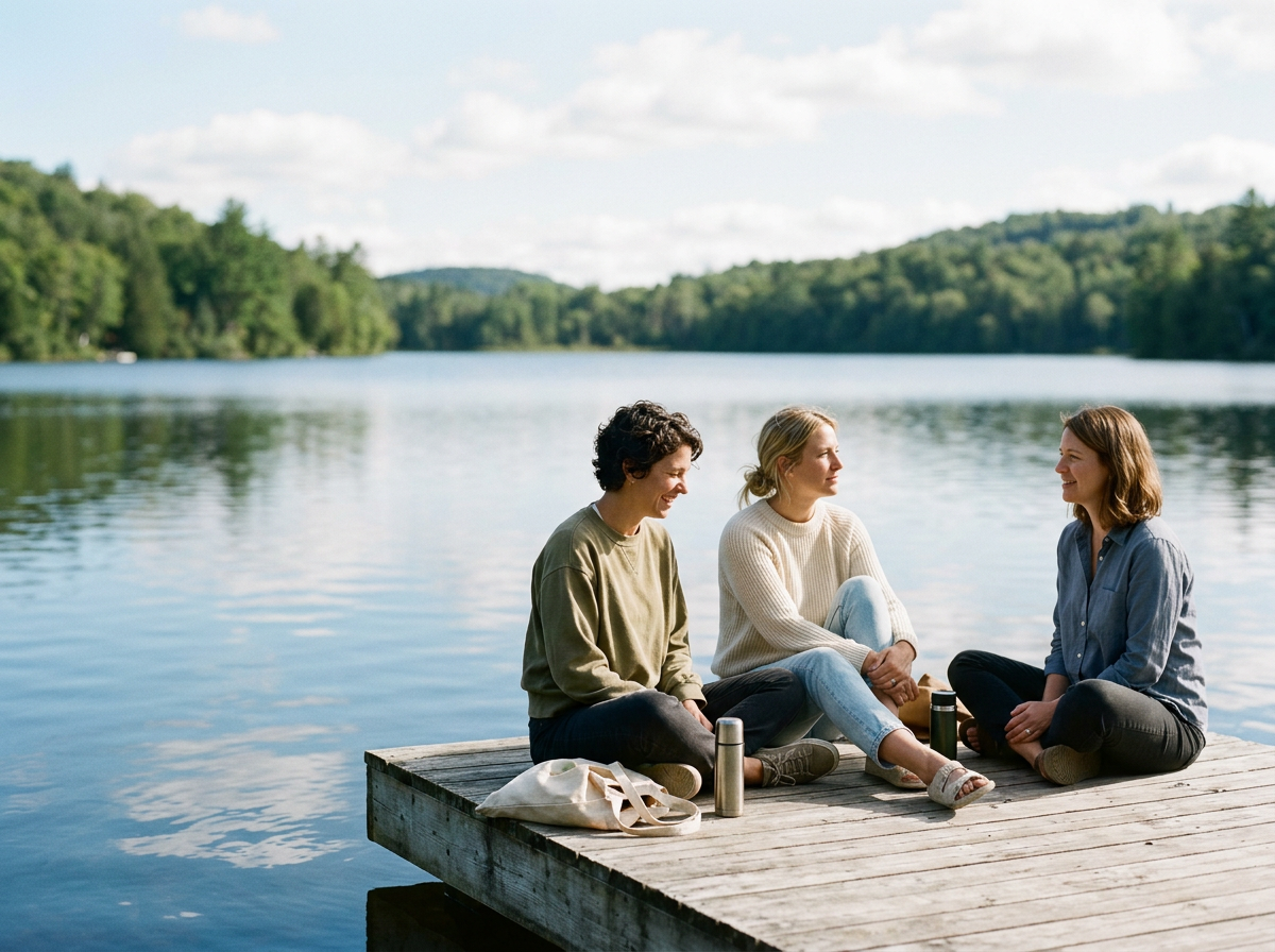 Three moms sitting on the dock near a lake.