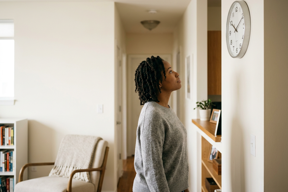 An African American mom standing and staring at a clock on the wall.