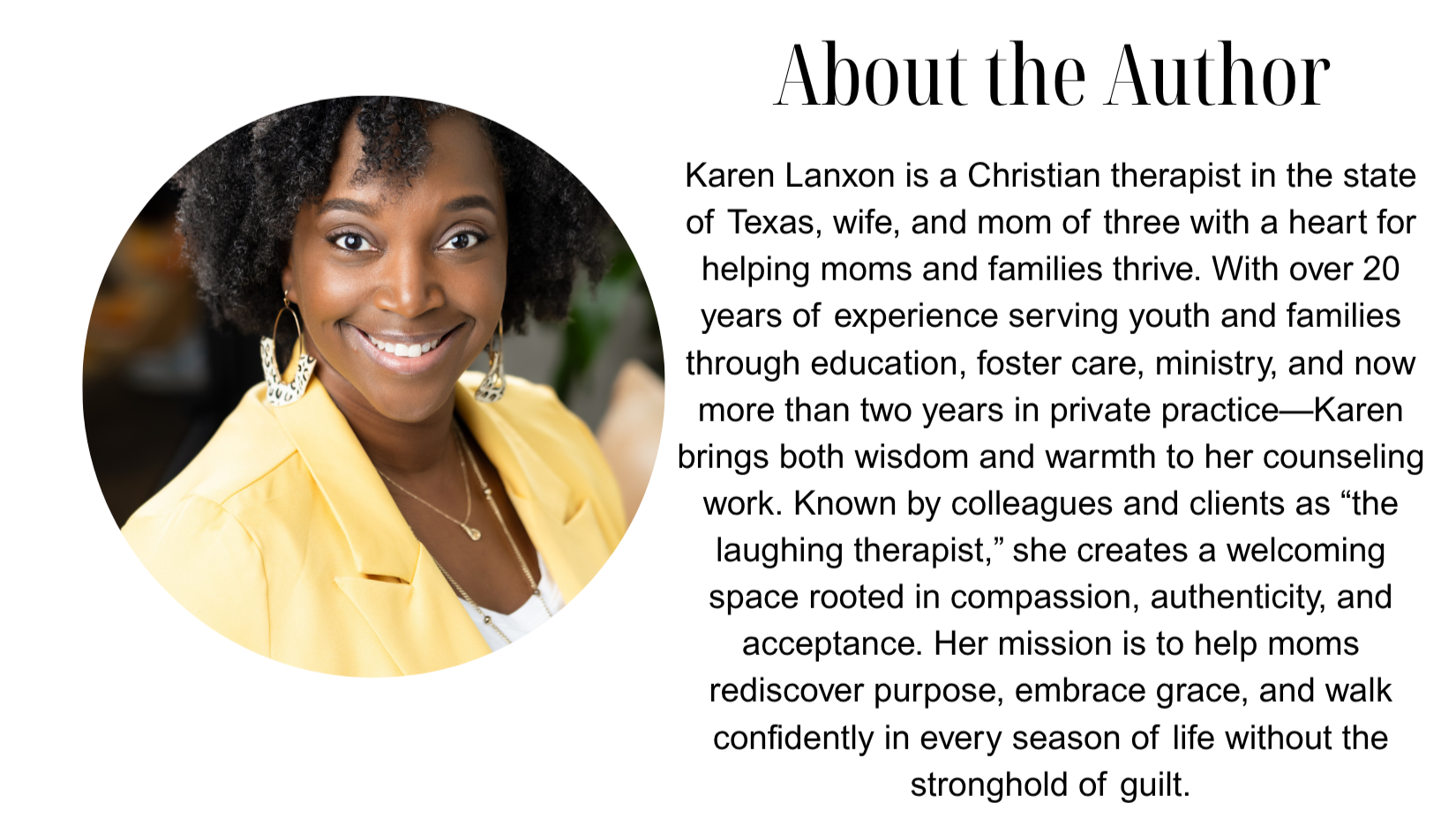 Photo of Karen Lanxon, a Texas therapist, and a short bio.