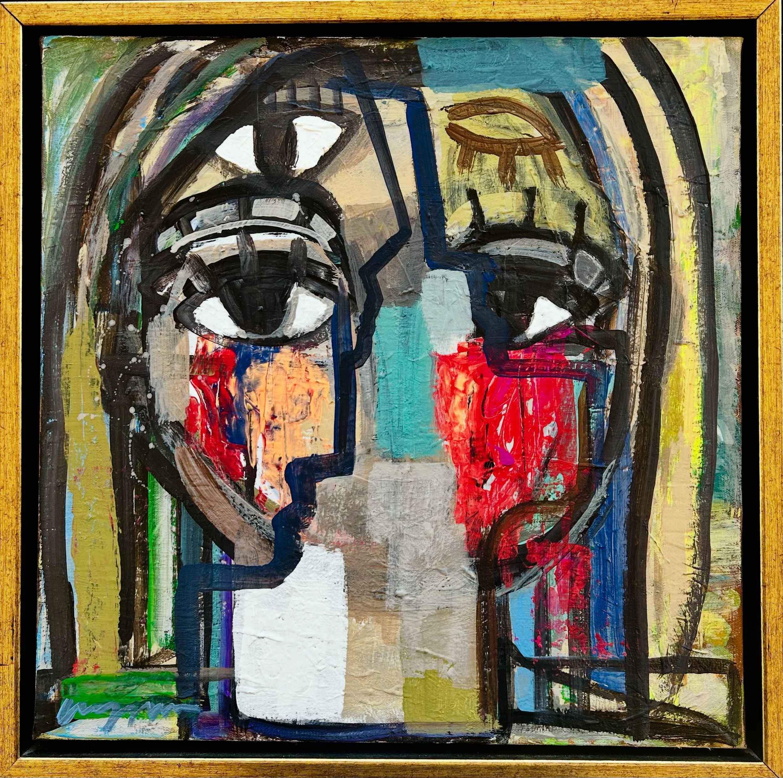 Abstract painting of two human faces, one on the left and one on the right, with bold black outlines, colorful backgrounds, and expressive brushstrokes, with a wooden frame.
