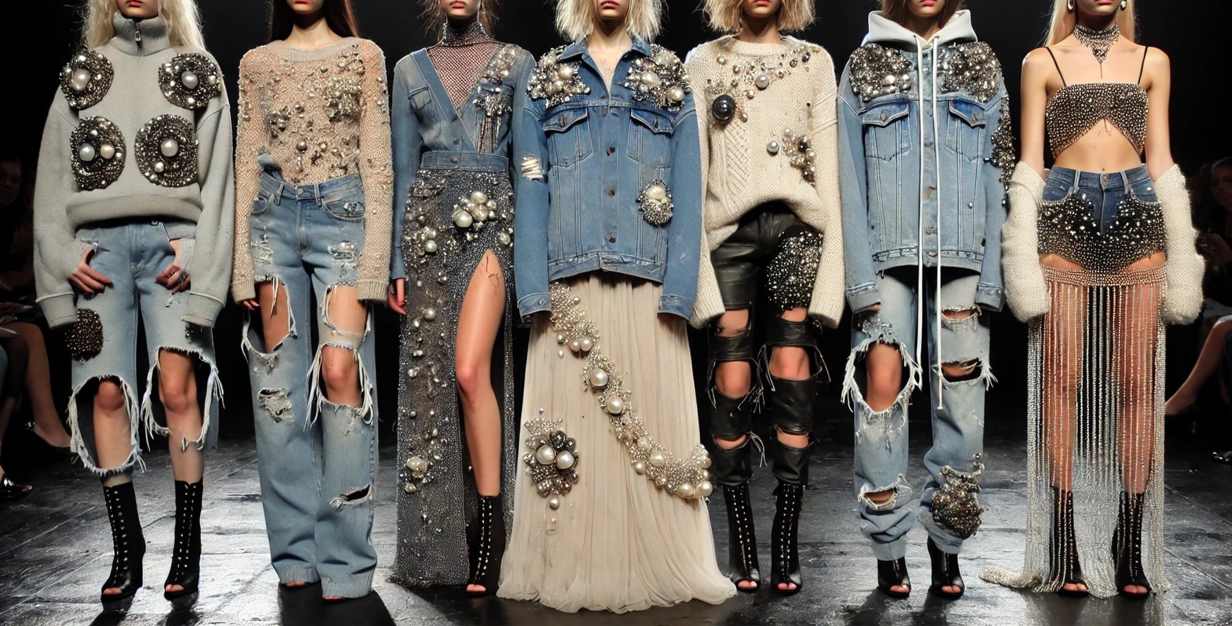 Élise Lefèvre - A modern runway collection featuring distressed clothing with rips and tears, revealing clusters of beads, pearls, and gems underneath. The collection.png