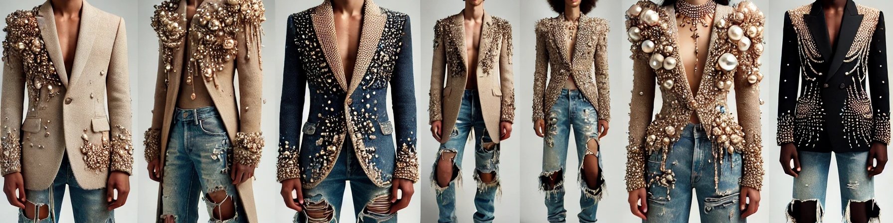 Élise Lefèvre - A fashion collection featuring real male and female models wearing long wool jackets and jeans with distressed detailing, rips, and tears filled with .png