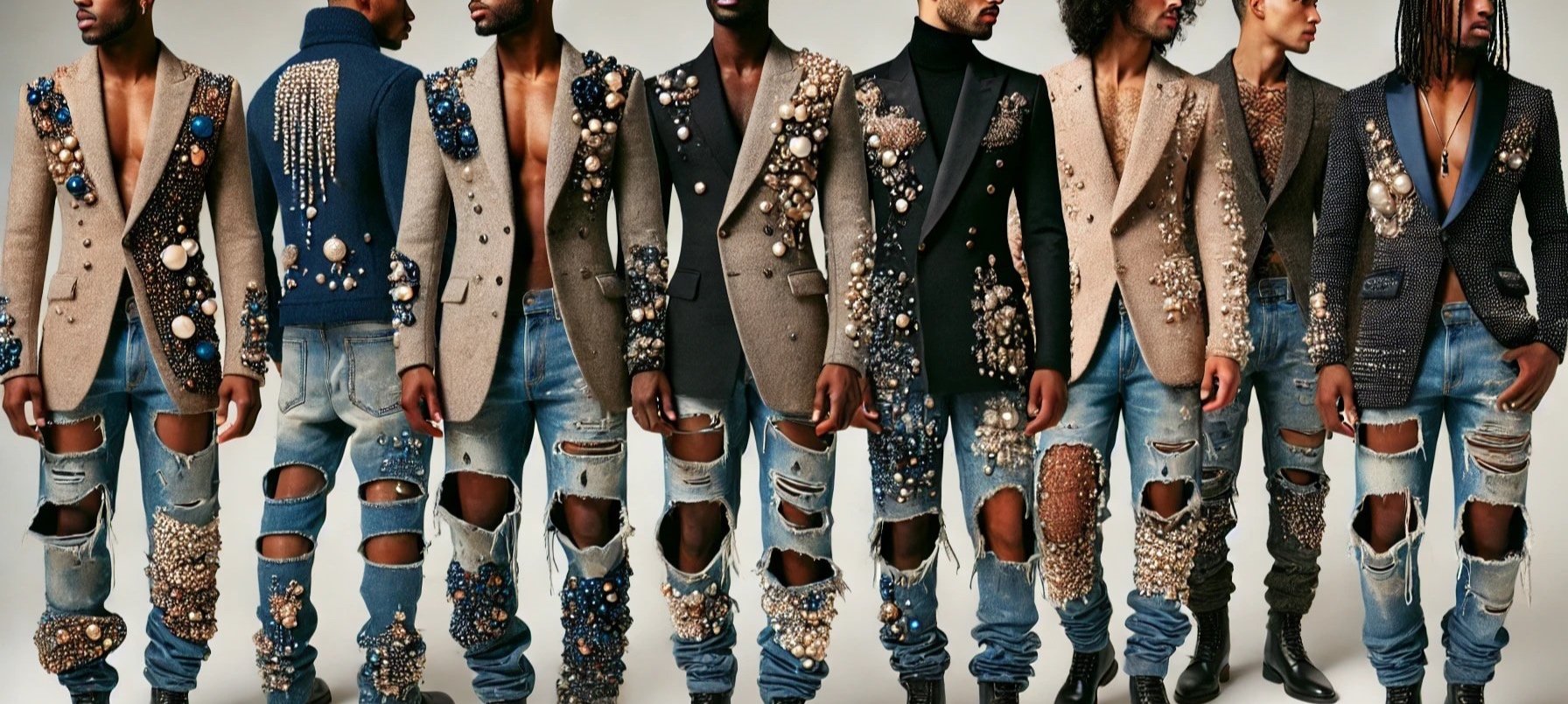 Élise Lefèvre - A men's fashion collection featuring real male models wearing long wool jackets and jeans with distressed detailing, rips, and tears filled with clust.png