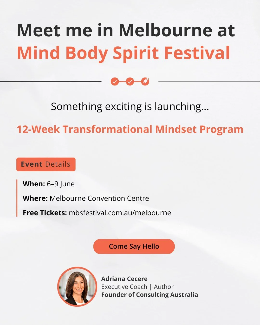 If you're in Melbourne this long weekend, I'd love to see you at the Mind Body Spirit Festival! 🌿✨

We&rsquo;re releasing our new 12-Week Transformational Mindset Program, built for professionals who feel ready for change &mdash; but want that chang